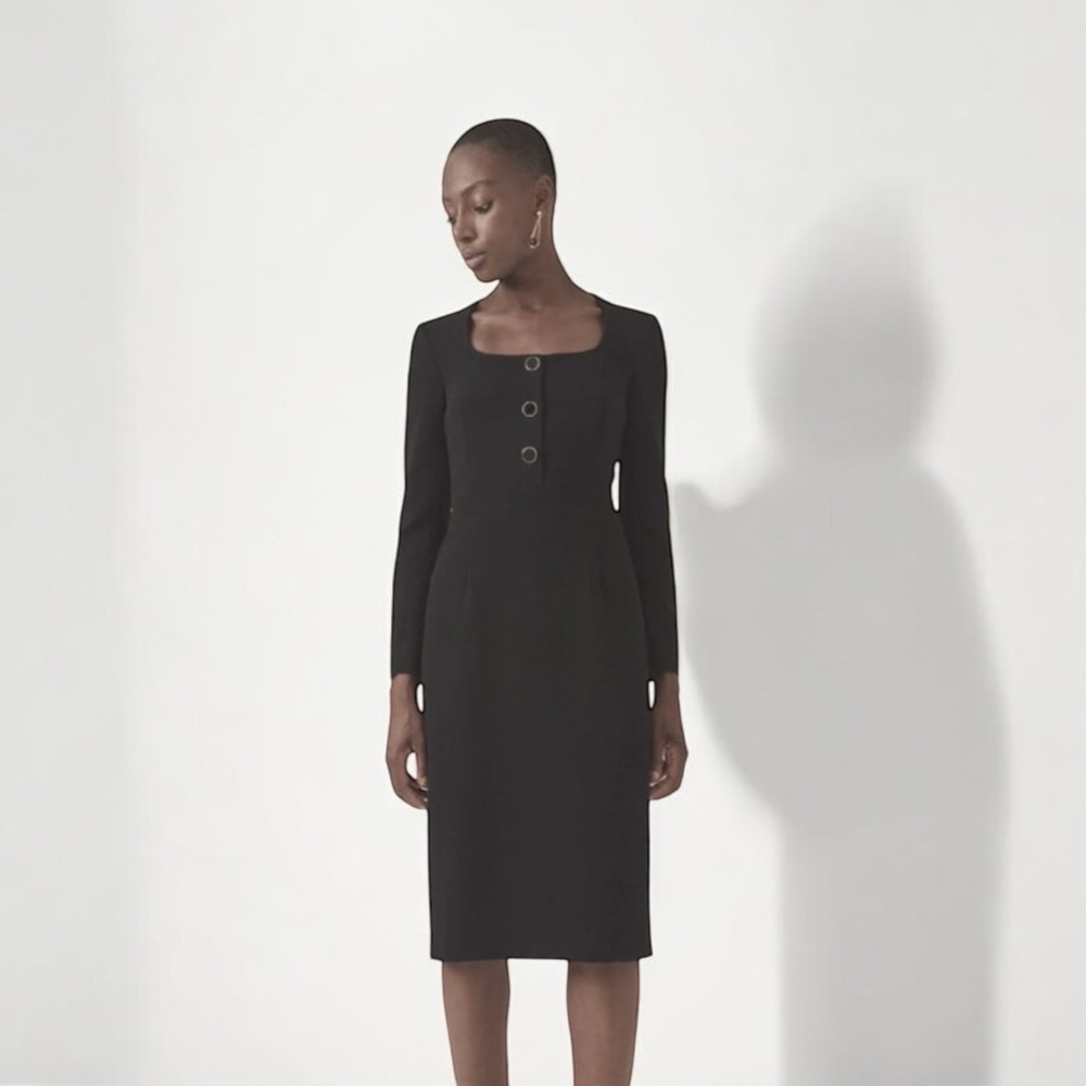 Judith and Charles Black Button Detail U Neck Sheath Midi Dress Size 4